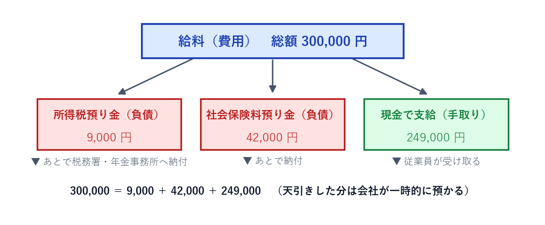 給料総額が手取りと預り金に分かれる内訳図